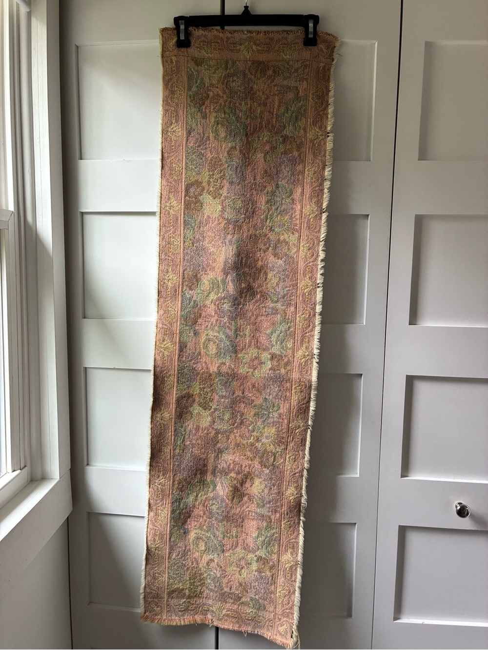 Vintage Floral Tapestry Textile Table Runner in Muted Pink and Green As Is